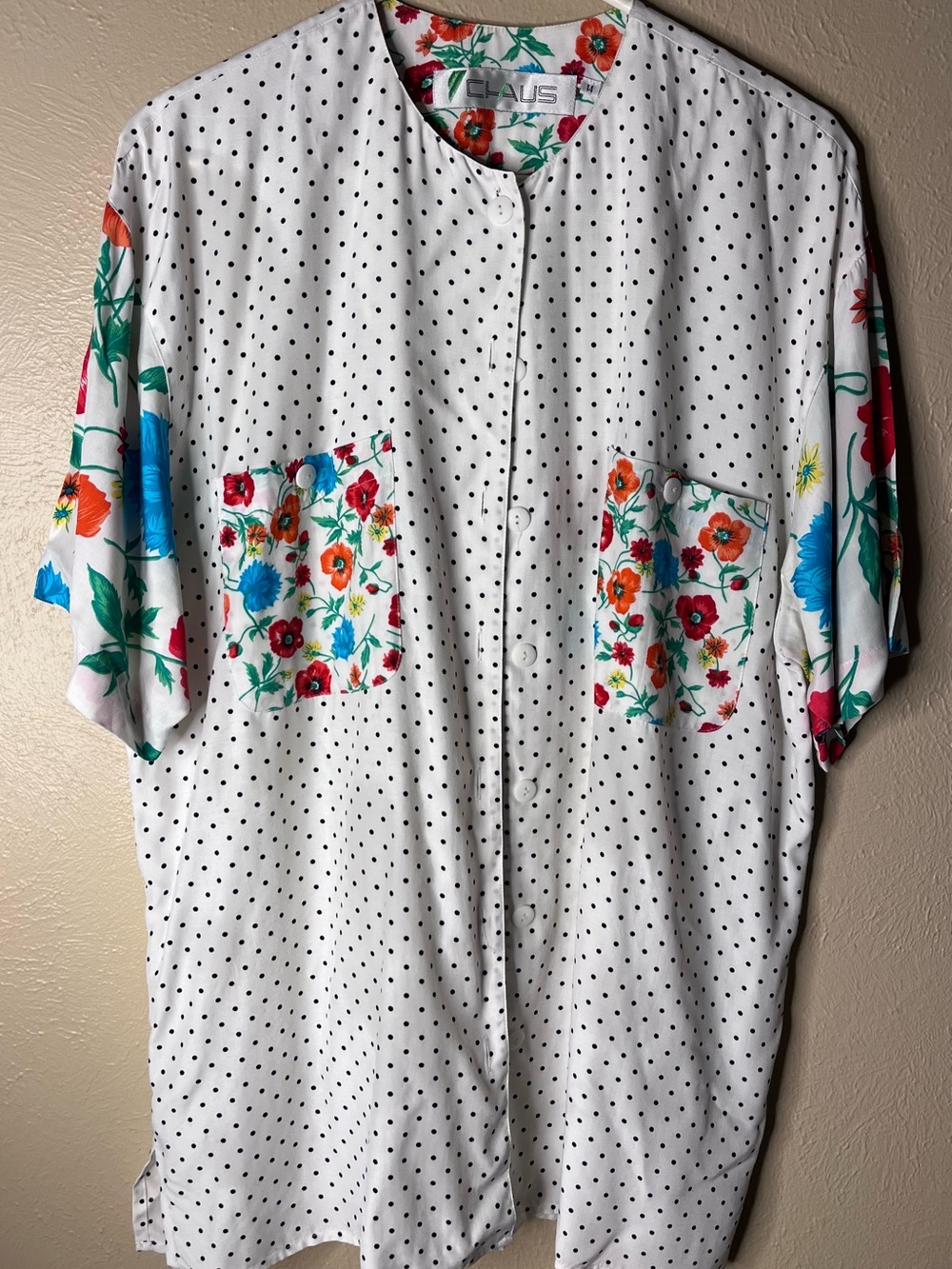 Chaus White Polka Dot Button-Down Shirt with Multicolor Floral Pockets